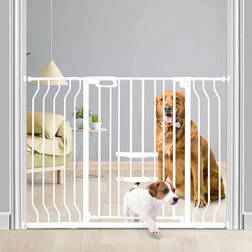 White 33" Tall Extra Wide Auto Close Walk Thru Safety Gate with Small Pet Door E256528