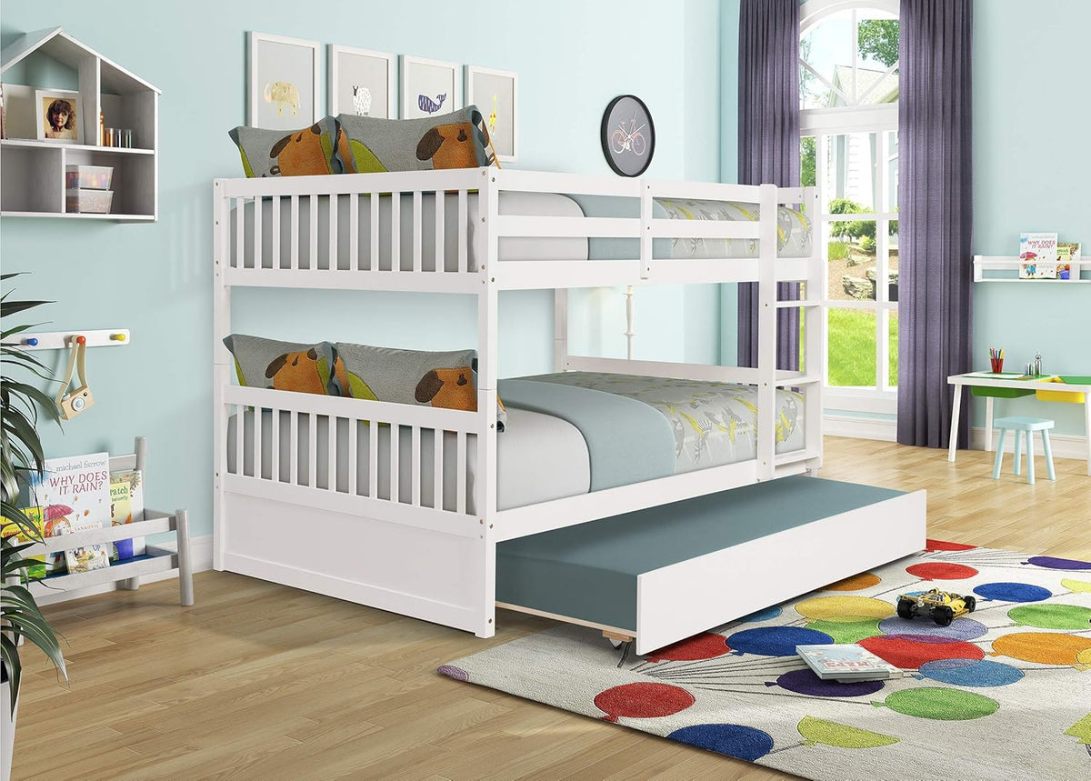 Full Over Full Pine Wood Bunk Bed with Trundle and Guardrail X740183