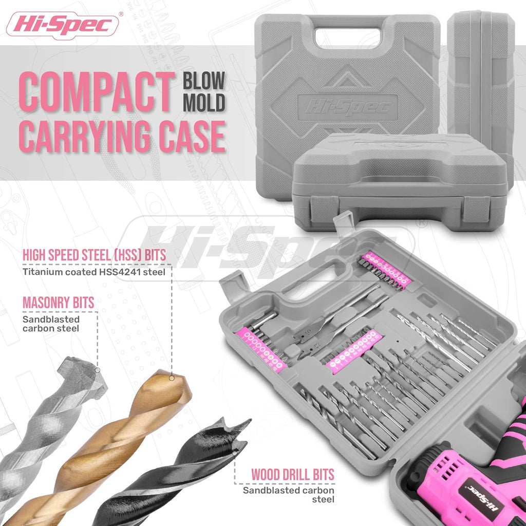 50 Piece Pink 12V Cordless Drill Driver & Multi Bit Set with Tool Case X2832