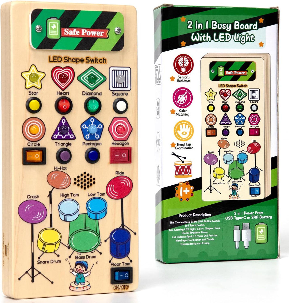 USB Busy Board with LED Shape Switch and Drum Set W169