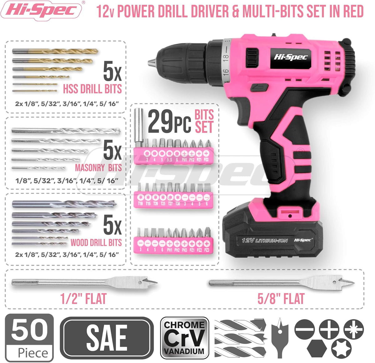 50 Piece Pink 12V Cordless Drill Driver & Multi Bit Set with Tool Case X2832