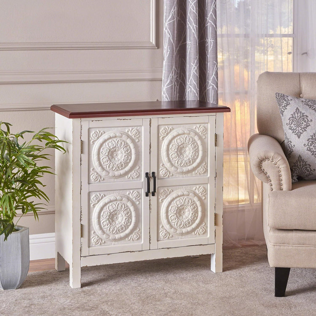 Distressed White Brown Firwood Cabinet E706402
