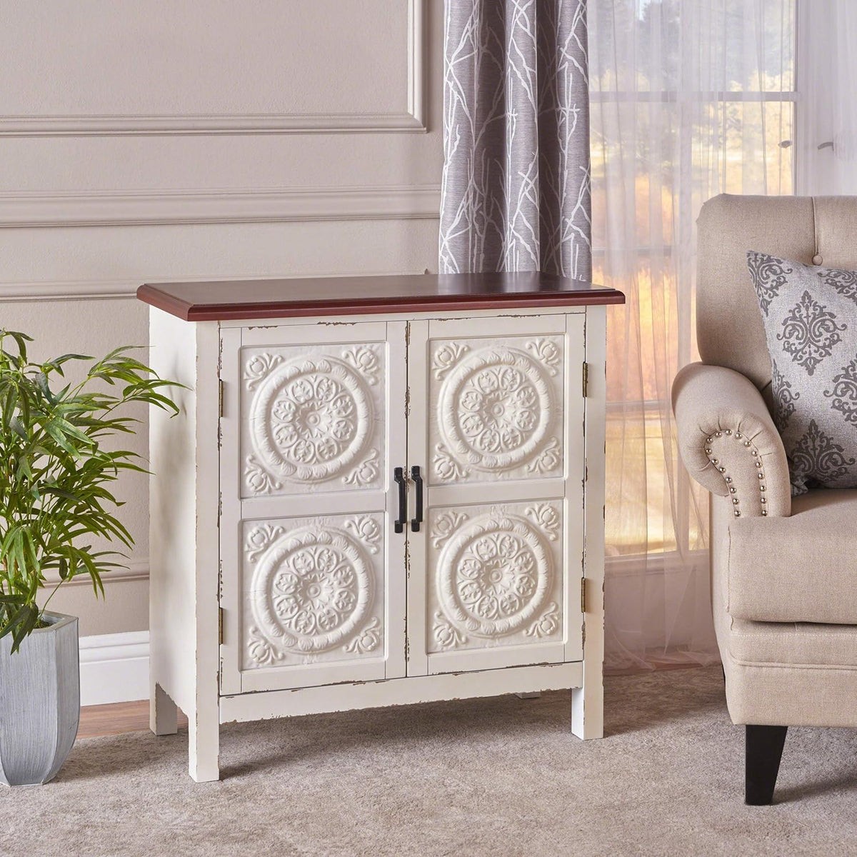 Distressed White Brown Firwood Cabinet E706402