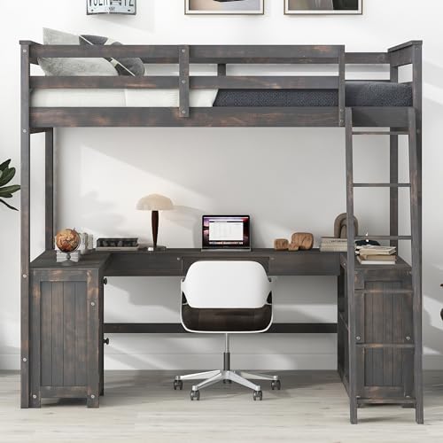 Full Size Solid Wood Loft Bed with Desk and Storage Drawers (White) X88122