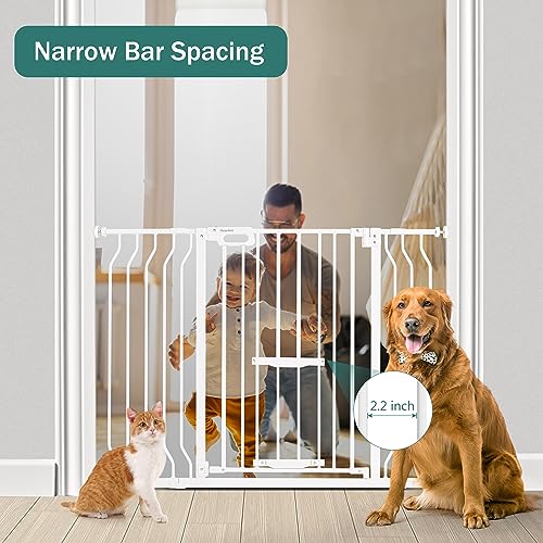 White 33" Tall Extra Wide Auto Close Walk Thru Safety Gate with Small Pet Door E256528
