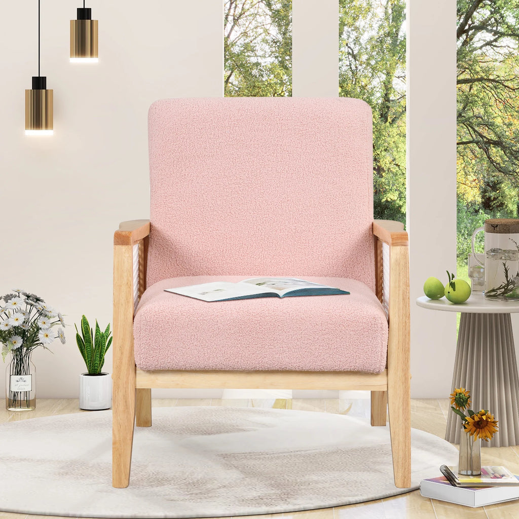 Pink Teddy Short Plush Particle Velvet Rattan Mesh Upholstered Accent Armchair T635