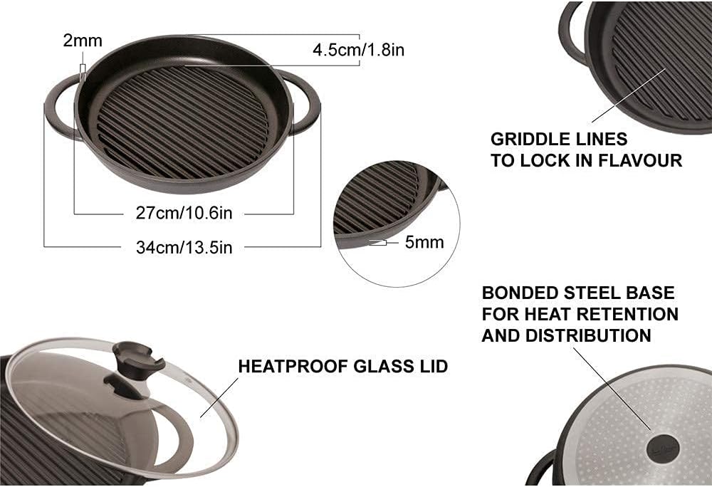 Cast Aluminium Griddle Pan with Glass Lid, 10.6 Diameter, Non-Stick H1789