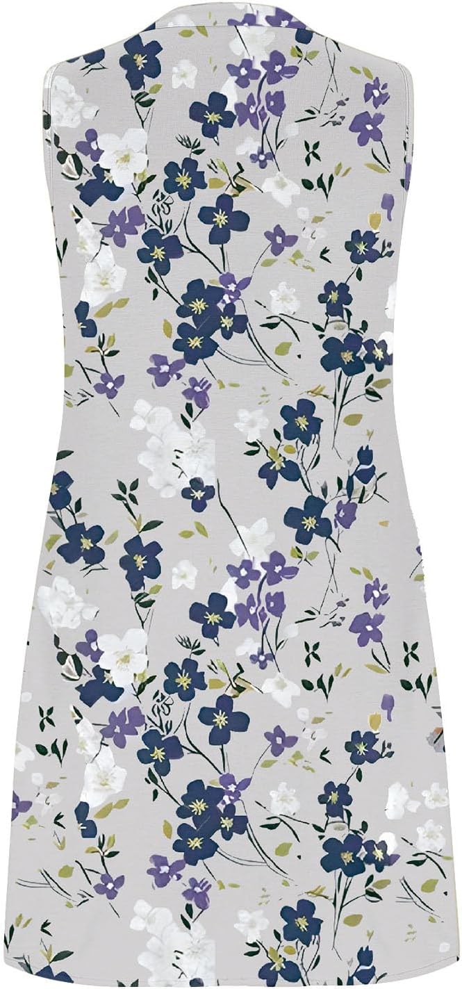 Women Casual A-Line Dress with Pockets Sleeveless V Neck Tshirt Dress Loose Pleated Flowy Dress F8600