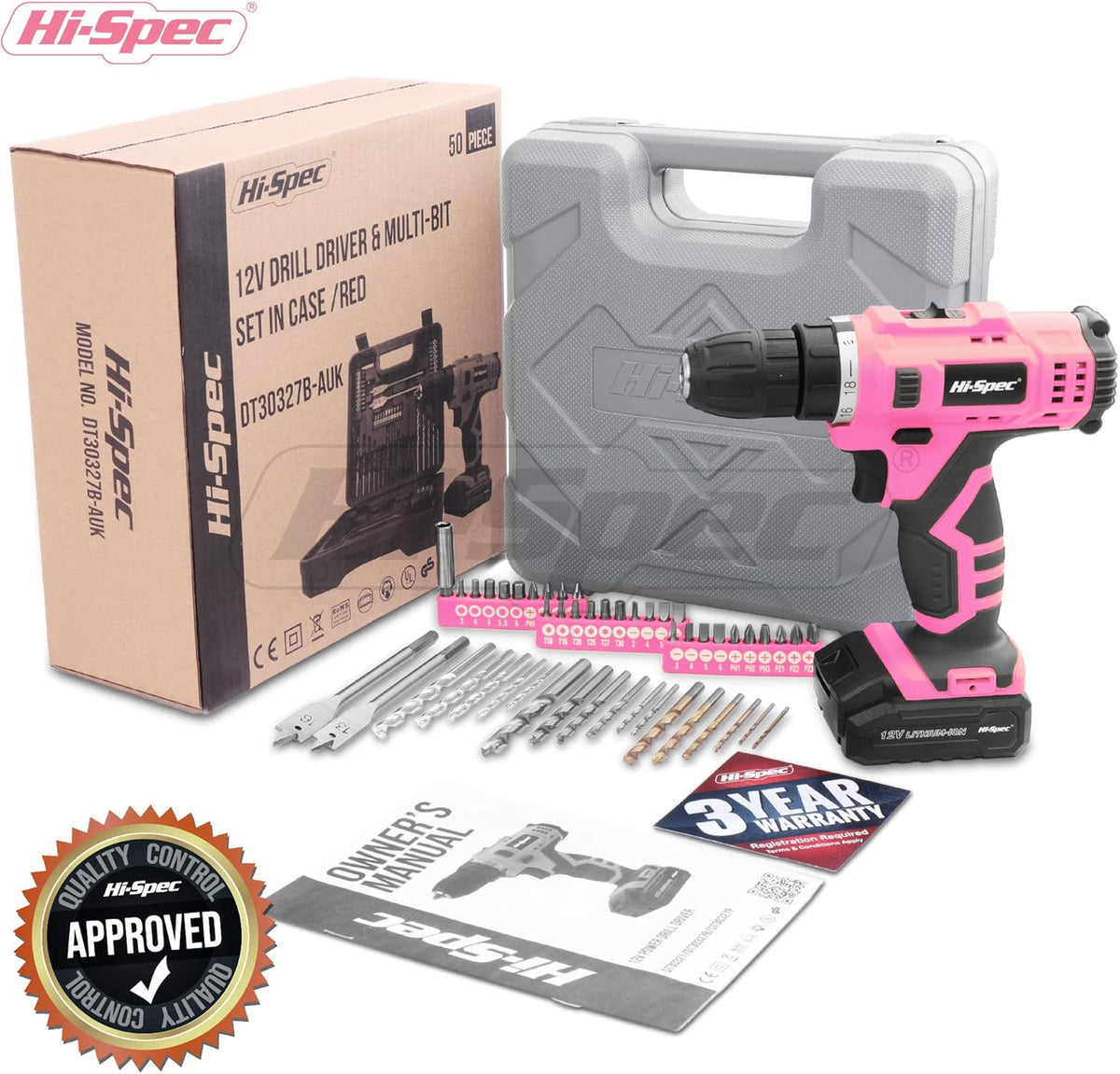 50 Piece Pink 12V Cordless Drill Driver & Multi Bit Set with Tool Case X2832