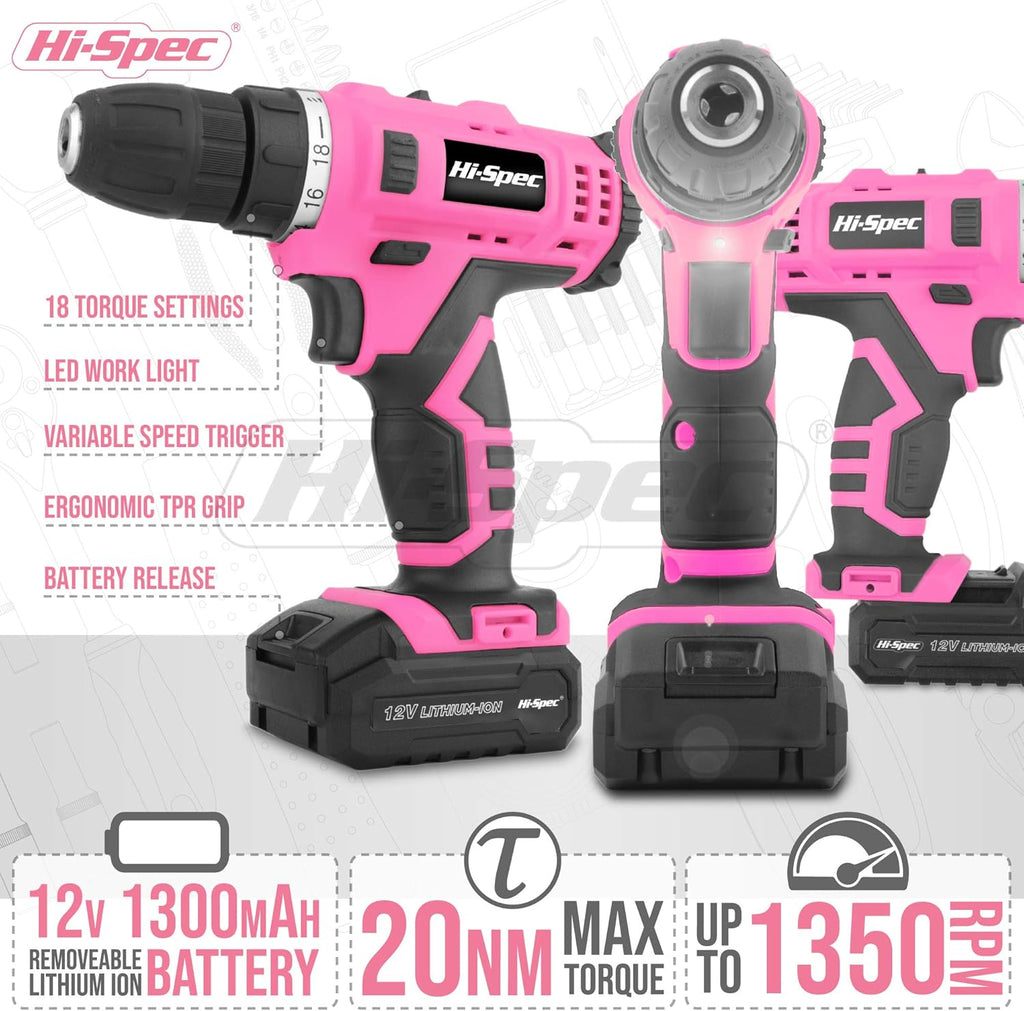 50 Piece Pink 12V Cordless Drill Driver & Multi Bit Set with Tool Case X2832