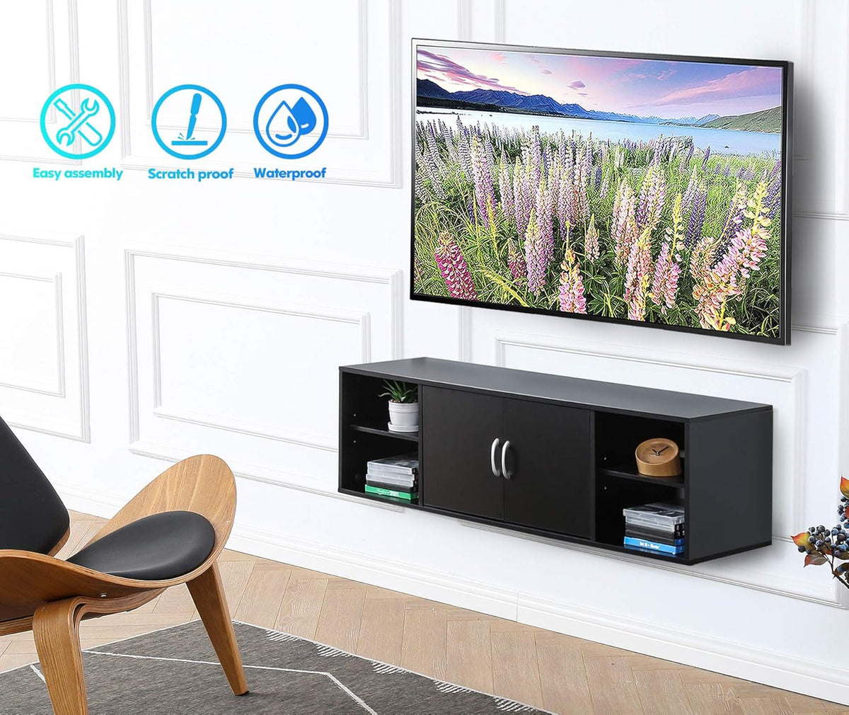 Black Floating TV Stand Wall Mounted Media Console W394842