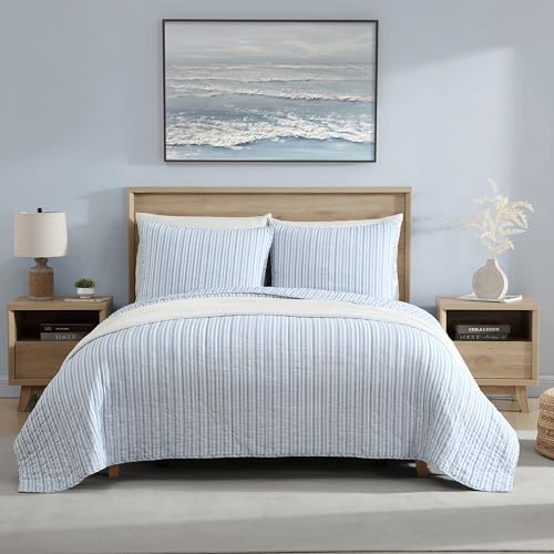 Queen Quilt Set, Reversible Cotton Bedding with Matching Shams, Light Blue H7369