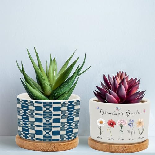 Blue and White Ceramic Planters with Drainage Holes and Saucers Q533298