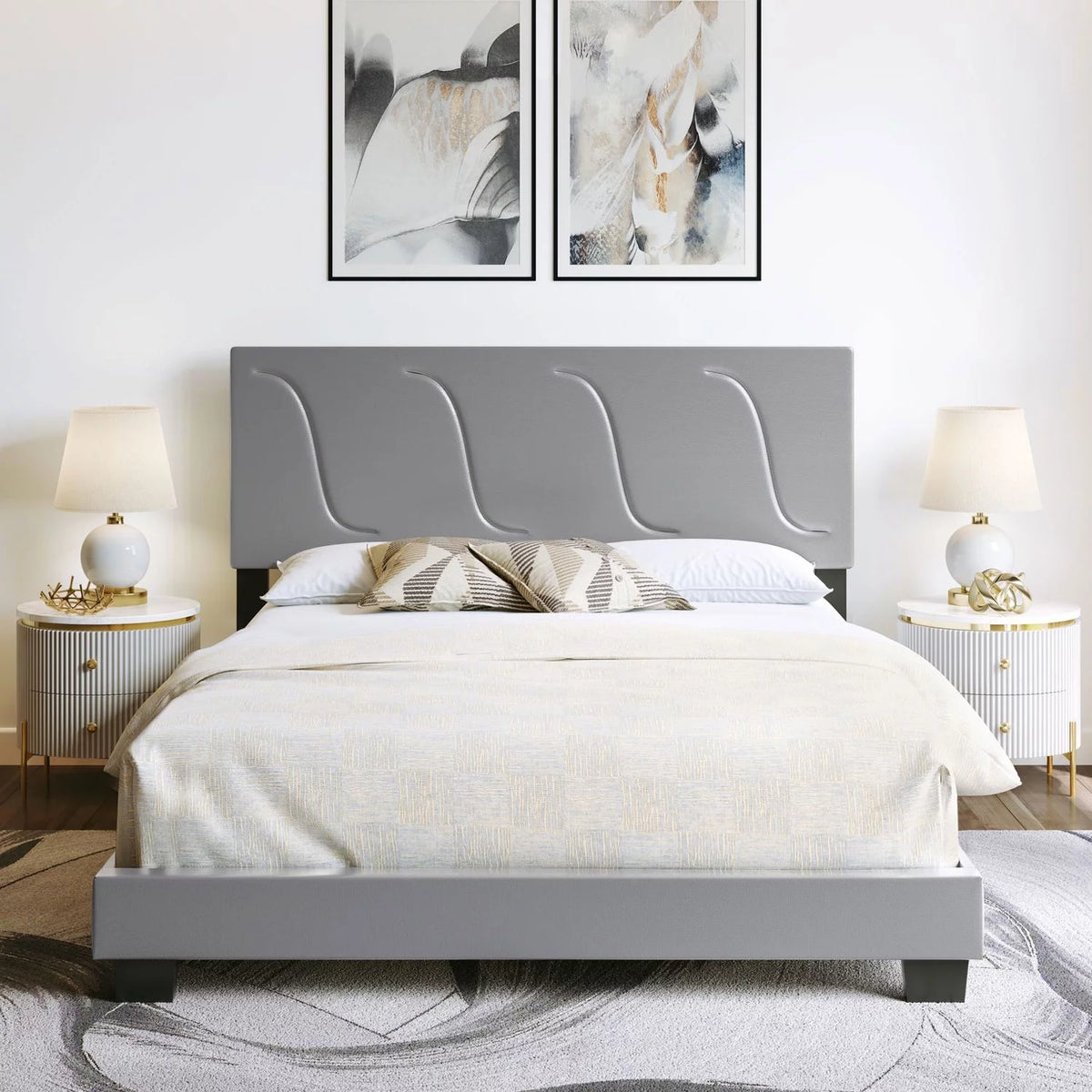 Grey Faux Leather King Platform Bed Frame and Headboard W193