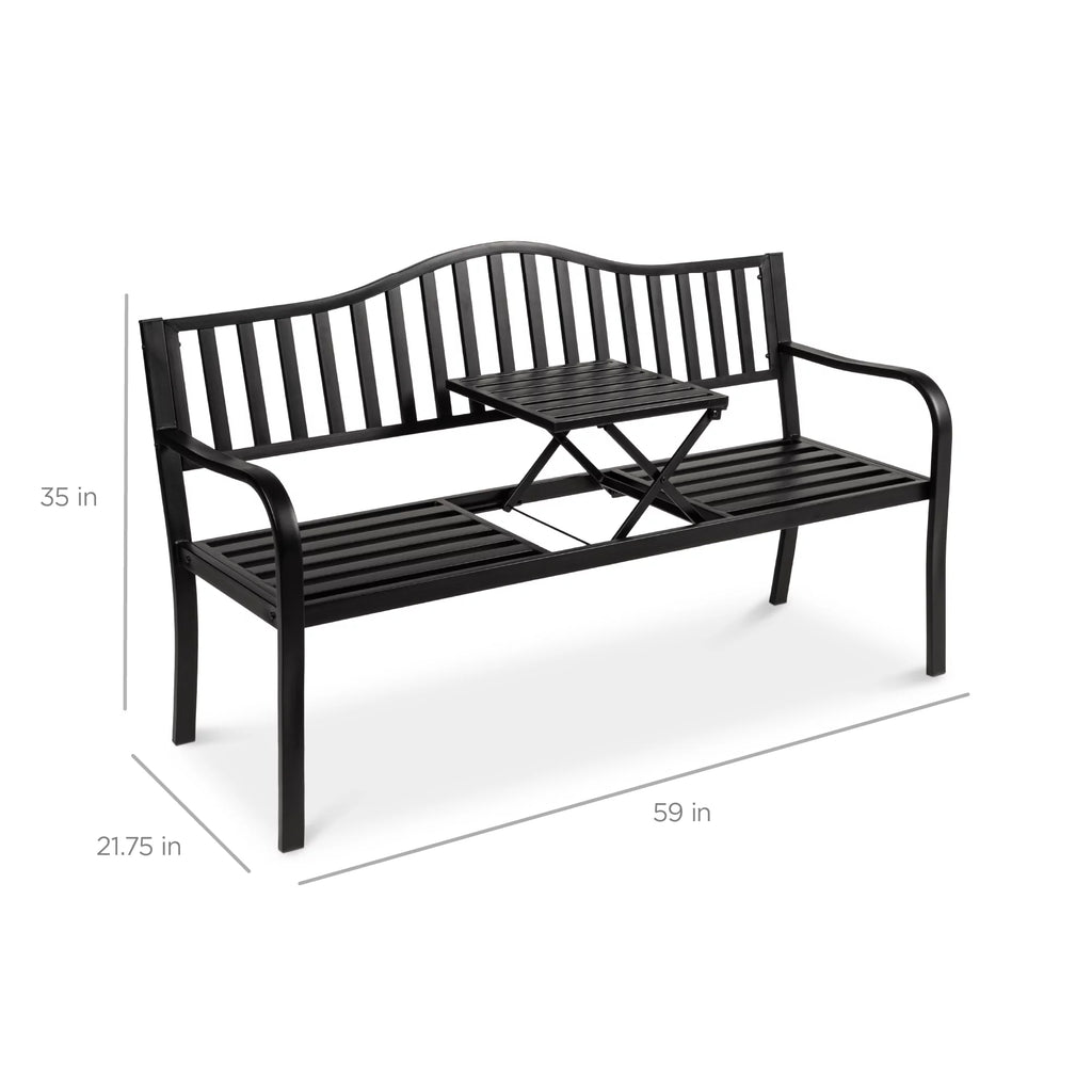 Black Steel Patio Bench with Pullout Middle Table P4414