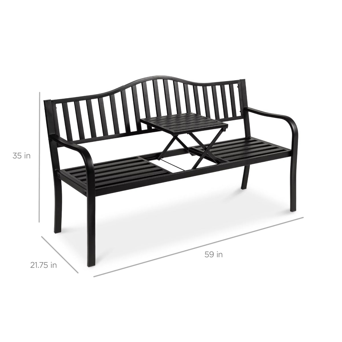 Black Steel Patio Bench with Pullout Middle Table P4414