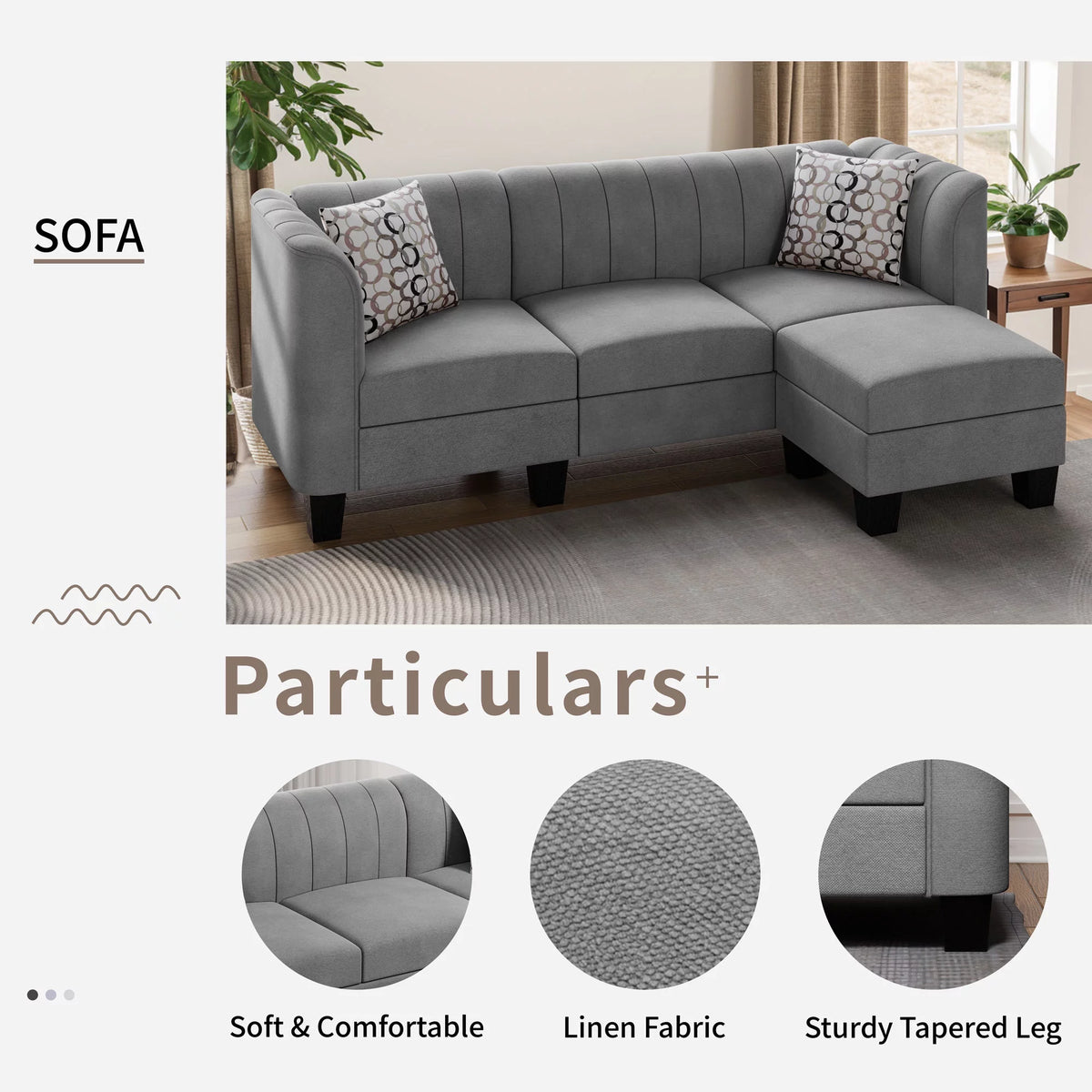 Black L Shaped Linen Fabric Sectional Sofa K34451