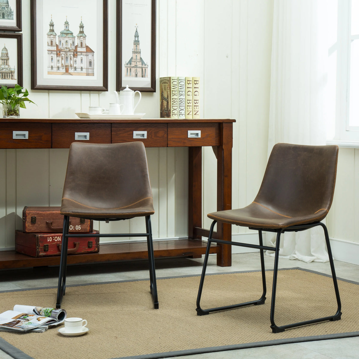 Antique Brown PU Leather Dining Chair Set of 2 Y524011