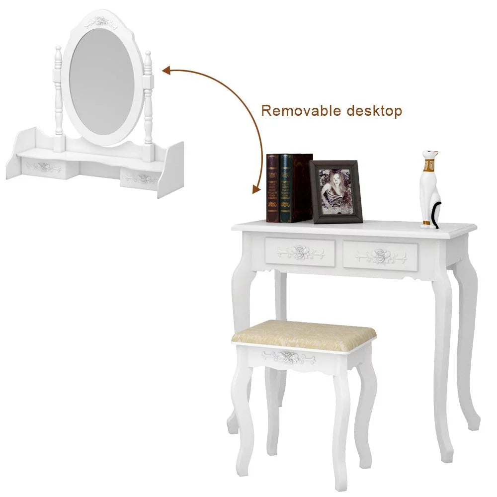 White Vanity Table and Stool Set with 4 Drawers & Mirror H34253