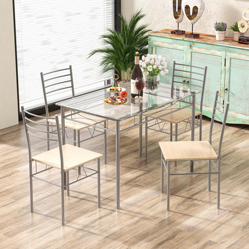 5 Piece Dining Set Table and 4 Chairs Glass Top Brown M349