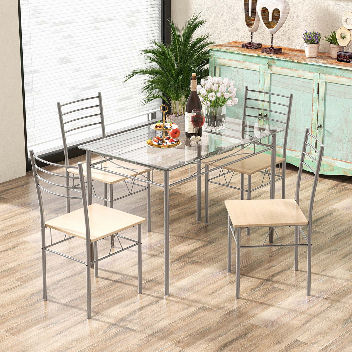 5 Piece Dining Set Table and 4 Chairs Glass Top Brown M349