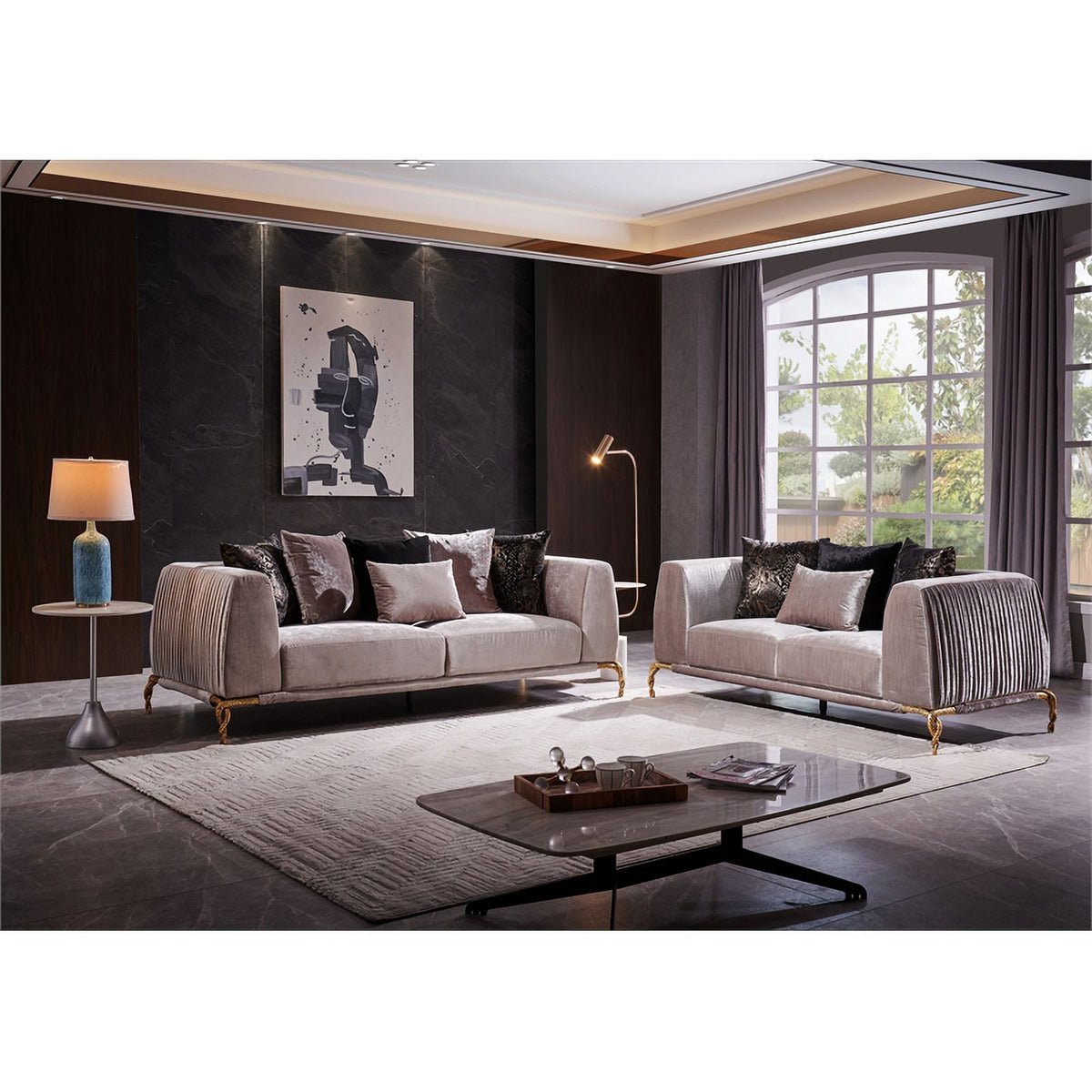 Ivory Velvet 2PC Living Room Set with Wood R3759