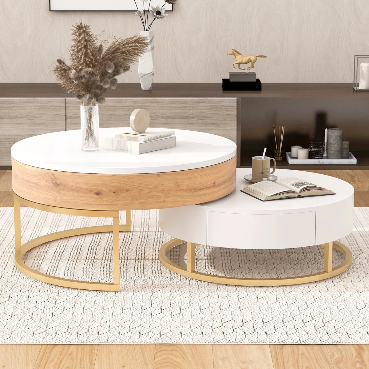 Round Lift-top Nesting Coffee Tables with 2 Drawers V802