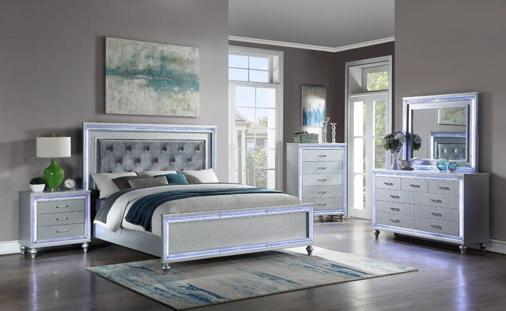 4pc King Size Upholstered Bed Dresser Mirror Nightstand Set A471994