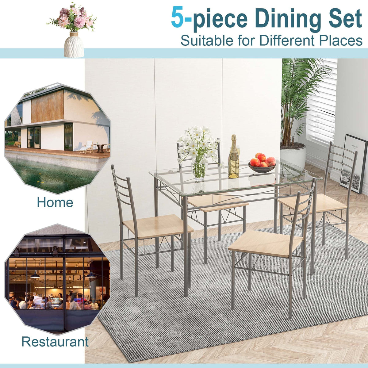 5 Piece Dining Set Table and 4 Chairs Glass Top Brown M349
