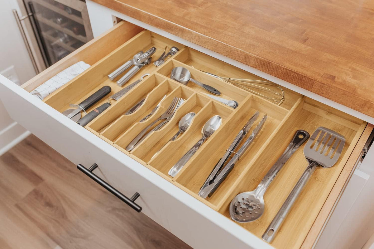 Expandable 28 Inch Bamboo Utensil Organizer, 10 Compartments, Pack of 2 X24642