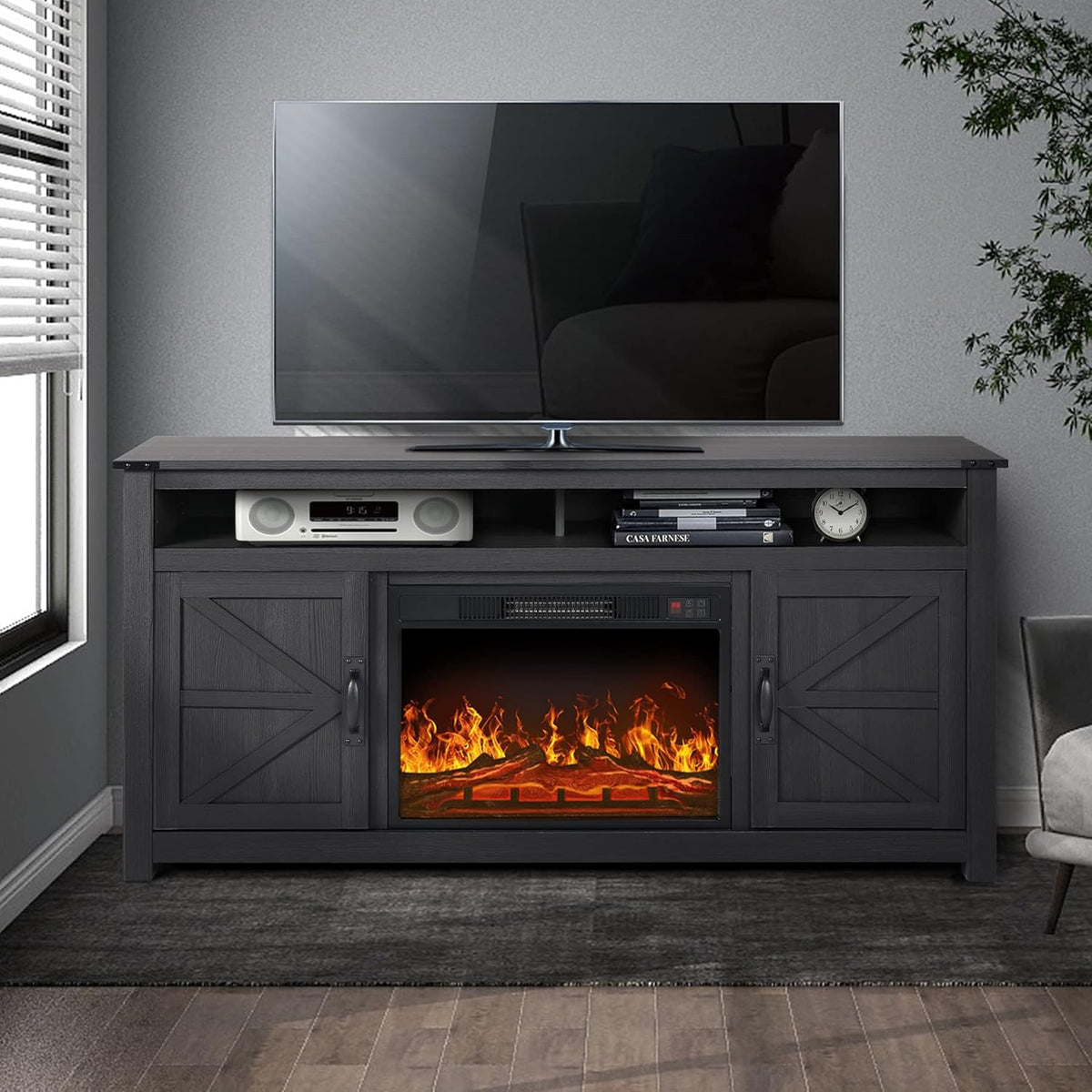 Gray Barn Door TV Stand with 2 Storage Cabinets and Open Shelves W7352