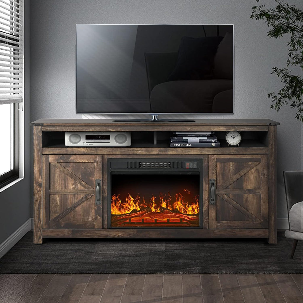 Gray Barn Door TV Stand with 2 Storage Cabinets and Open Shelves W7352