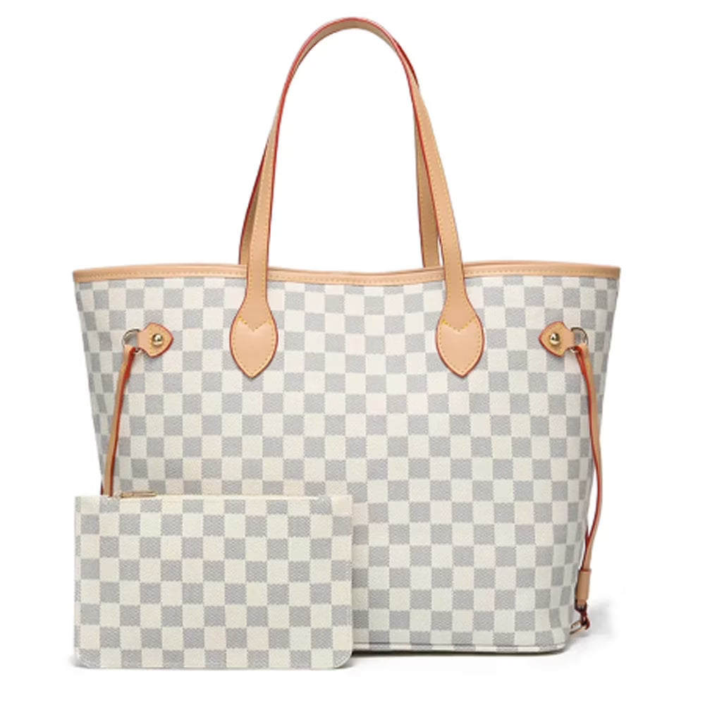 Checkered PU Leather Tote Bag with Inner Pouch K54501