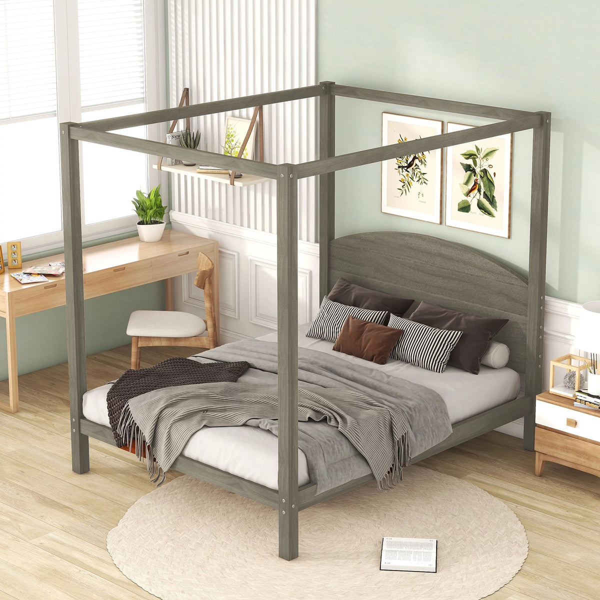 Wood Queen Size Canopy Bed with Headboard M4584