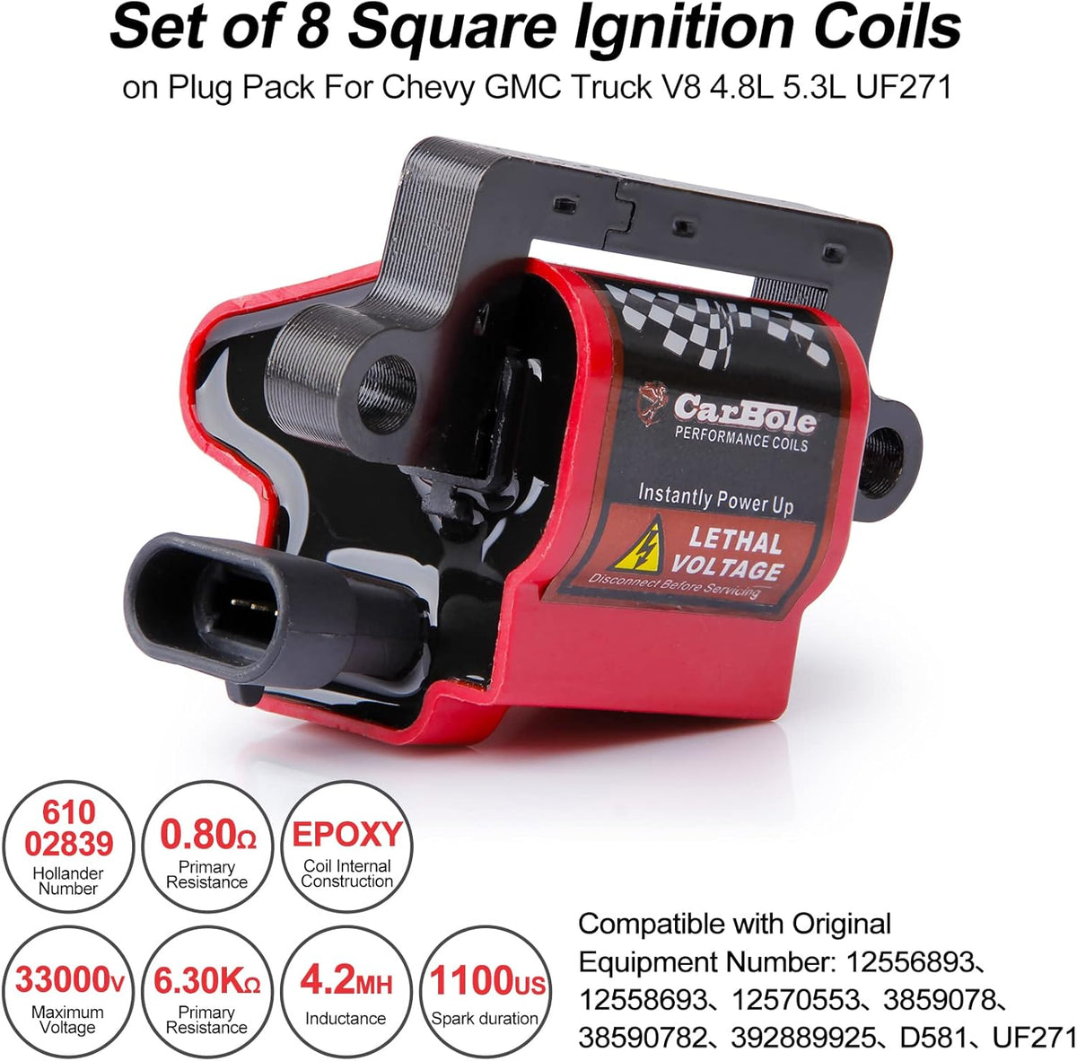 8Pcs Ignition Coils Pack Square Type UF271 D581 + 8Pcs 8mm Spark Plug Wires Set High Voltage Energy F116531