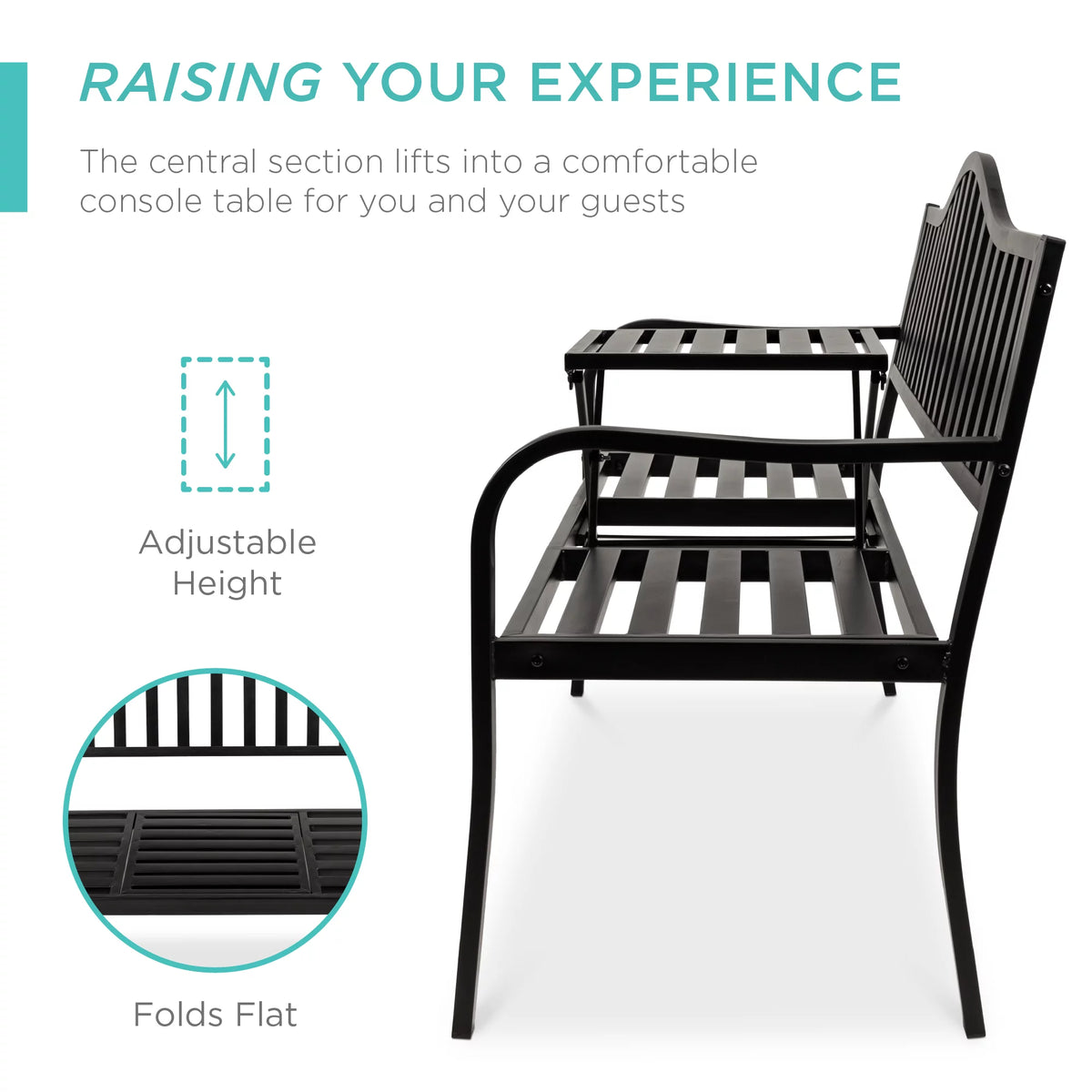 Black Steel Patio Bench with Pullout Middle Table P4414