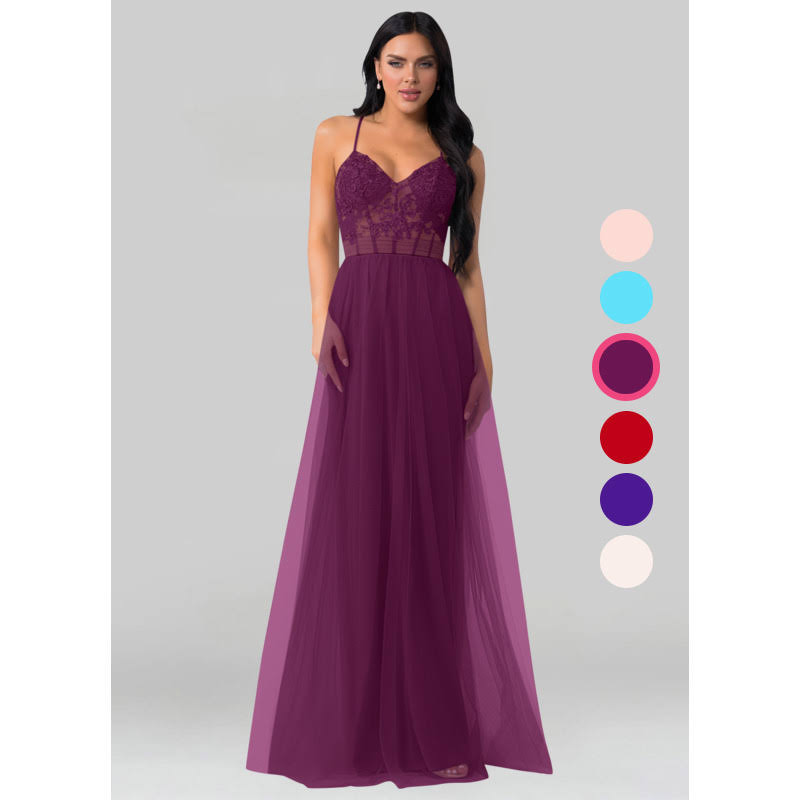 Raspberry Floor-Length Tulle Bridesmaid Dresses O12998