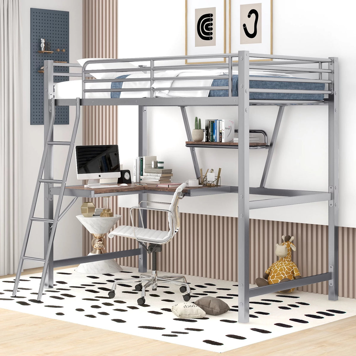 Twin Size Metal Loft Bed with Desk and Storage Shelf W384