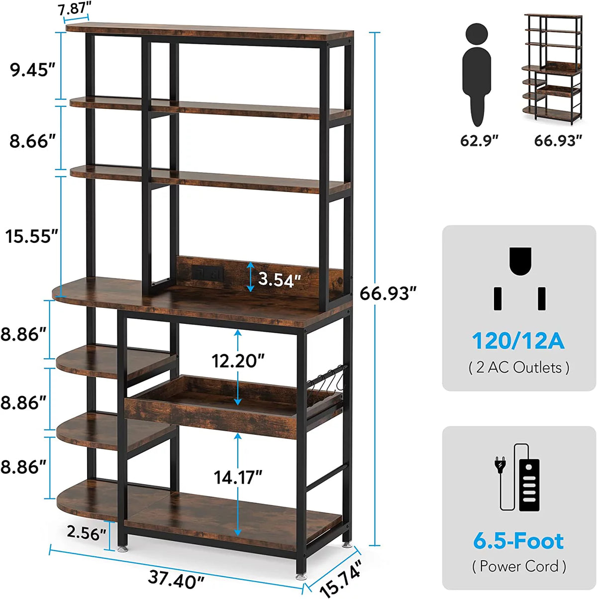 Brown 10-Tier Kitchen Bakers Rack with Power Outlets I41945