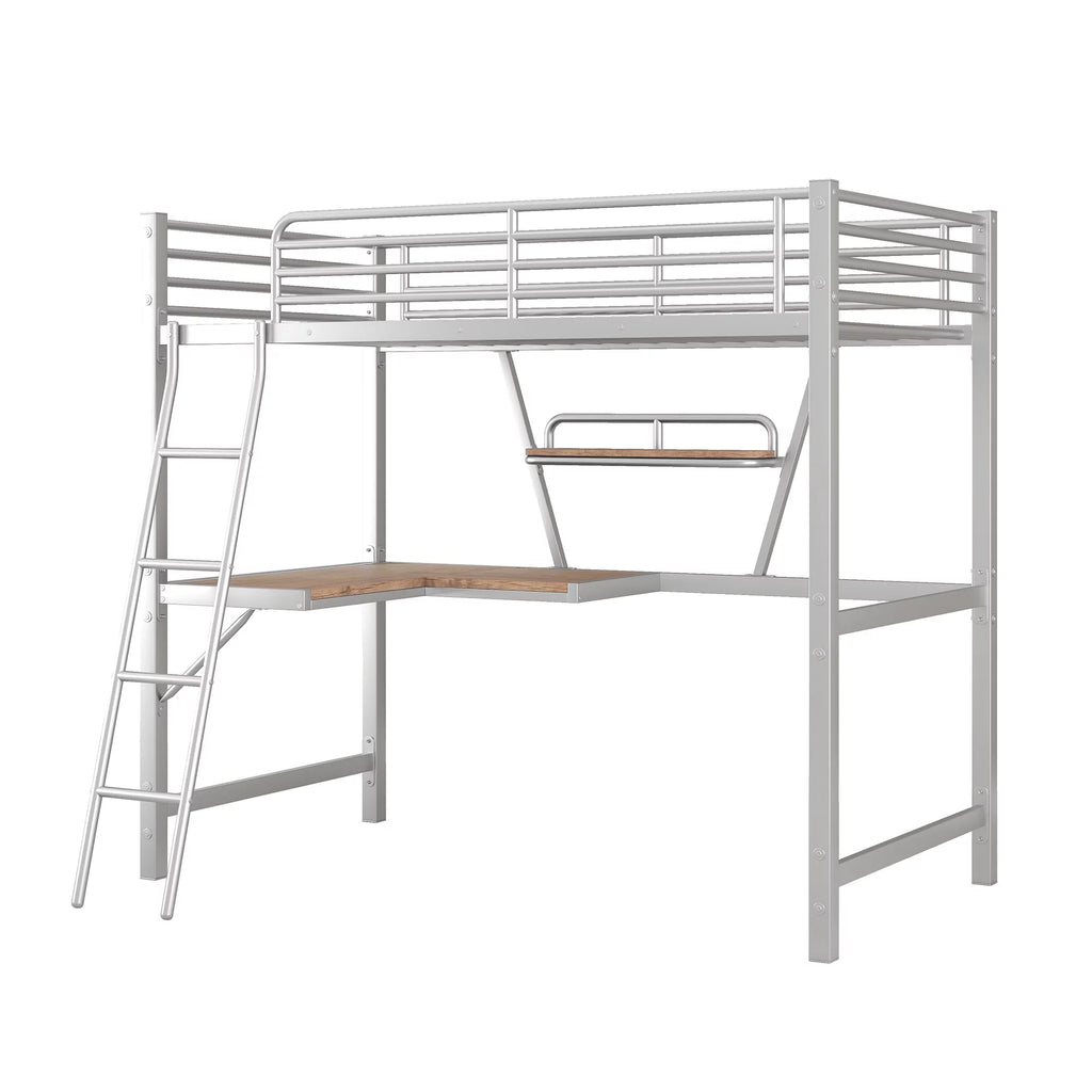 Twin Size Metal Loft Bed with Desk and Storage Shelf W384