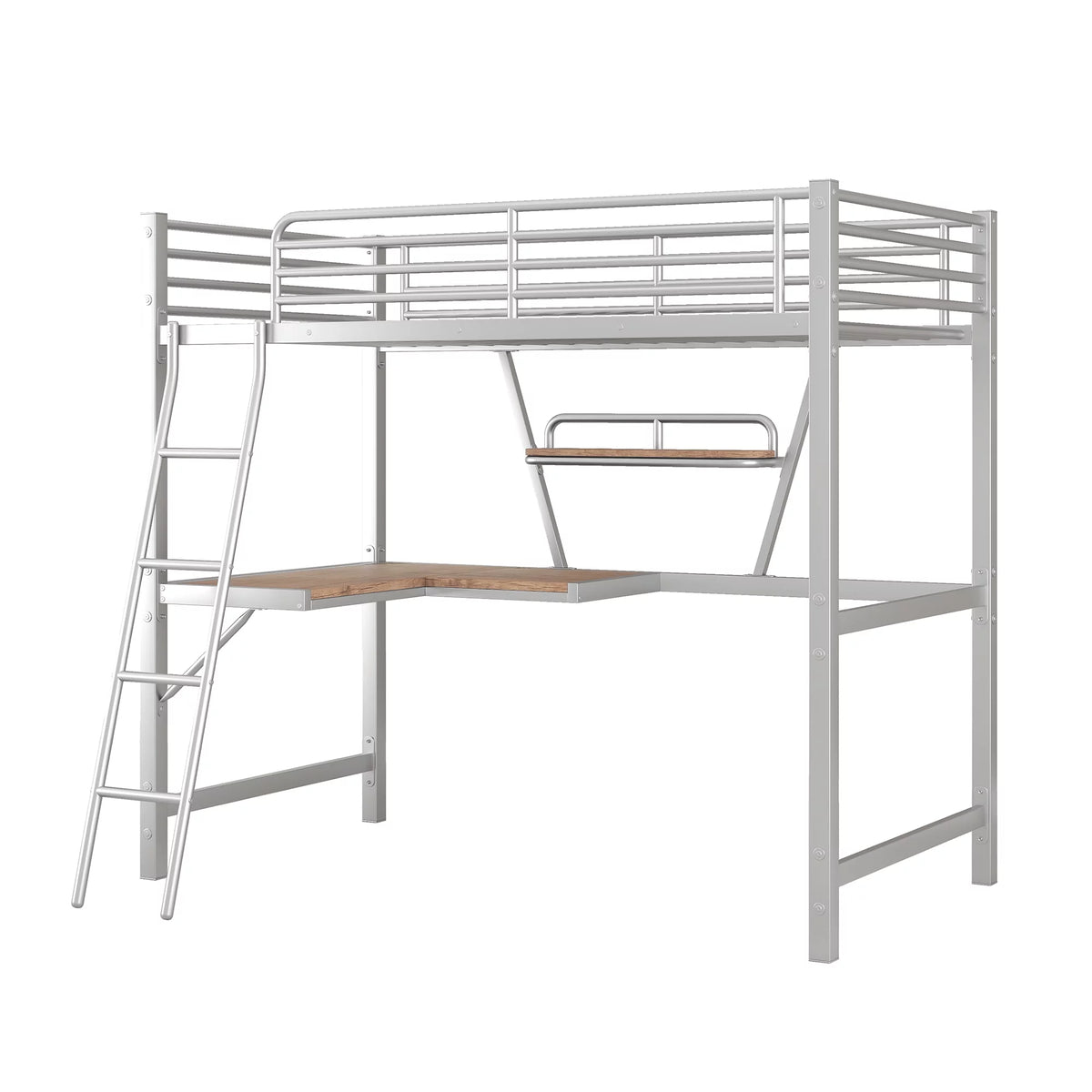 Twin Size Metal Loft Bed with Desk and Storage Shelf W384