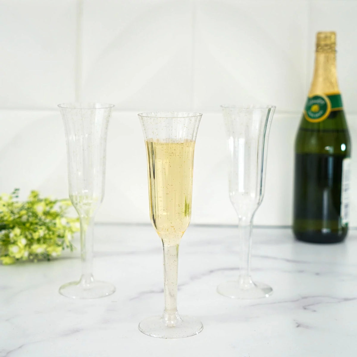 60 Pcs Gold Glitter Clear Plastic Champagne Flutes X61499