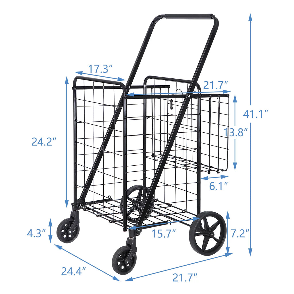Black Folding Utility Shopping Cart with Double Basket and Wheels S24030