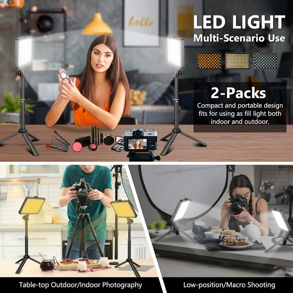 2 Pack LED Video Light Panel with Adjustable Tripod Stand and 4 Color Filters W2899