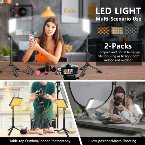 2 Pack LED Video Light Panel with Adjustable Tripod Stand and 4 Color Filters W2899