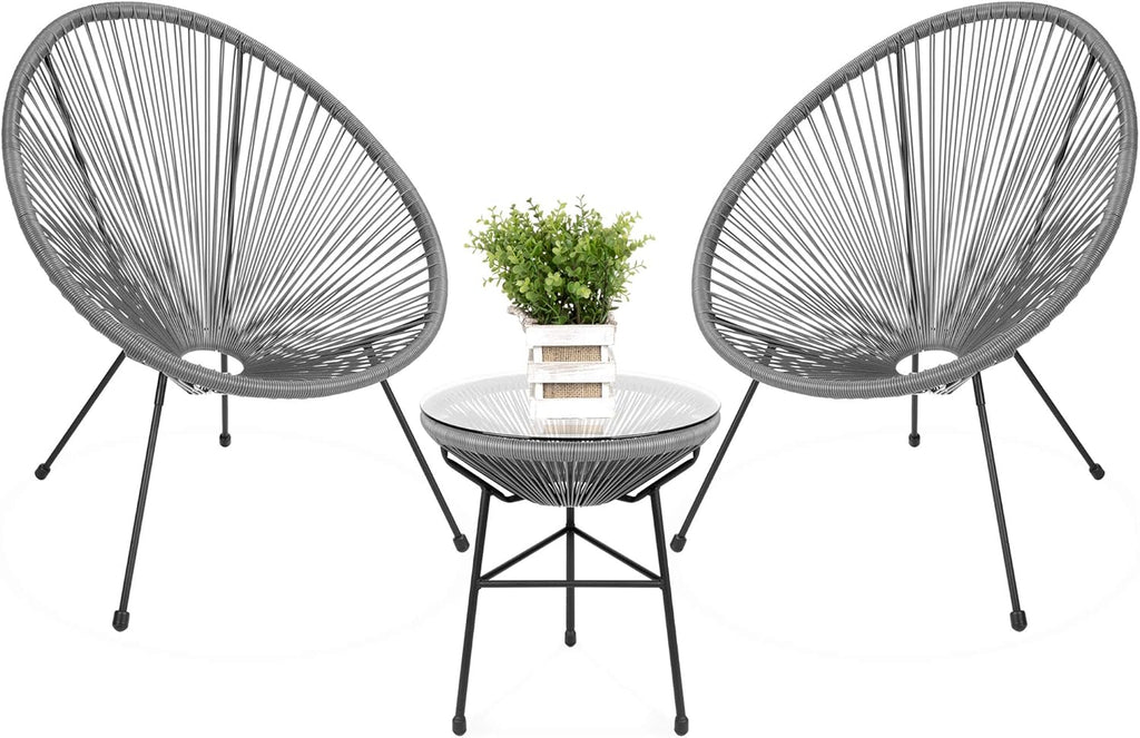 3-Piece Outdoor Acapulco Patio Conversation Bistro Set with Plastic Rope, Glass Top Table and 2 Chairs - Gray E963946