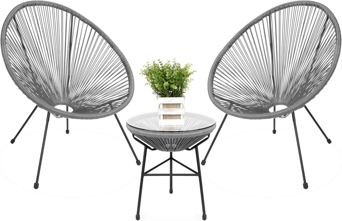 3-Piece Outdoor Acapulco Patio Conversation Bistro Set with Plastic Rope, Glass Top Table and 2 Chairs - Gray E963946