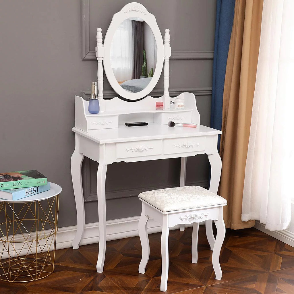 White Vanity Table and Stool Set with 4 Drawers & Mirror H34253