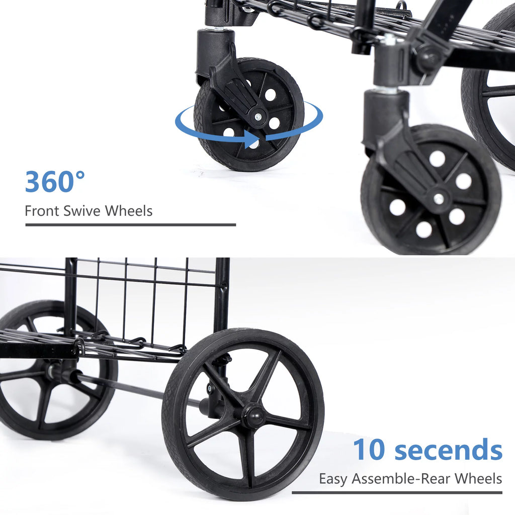 Black Folding Utility Shopping Cart with Double Basket and Wheels S24030