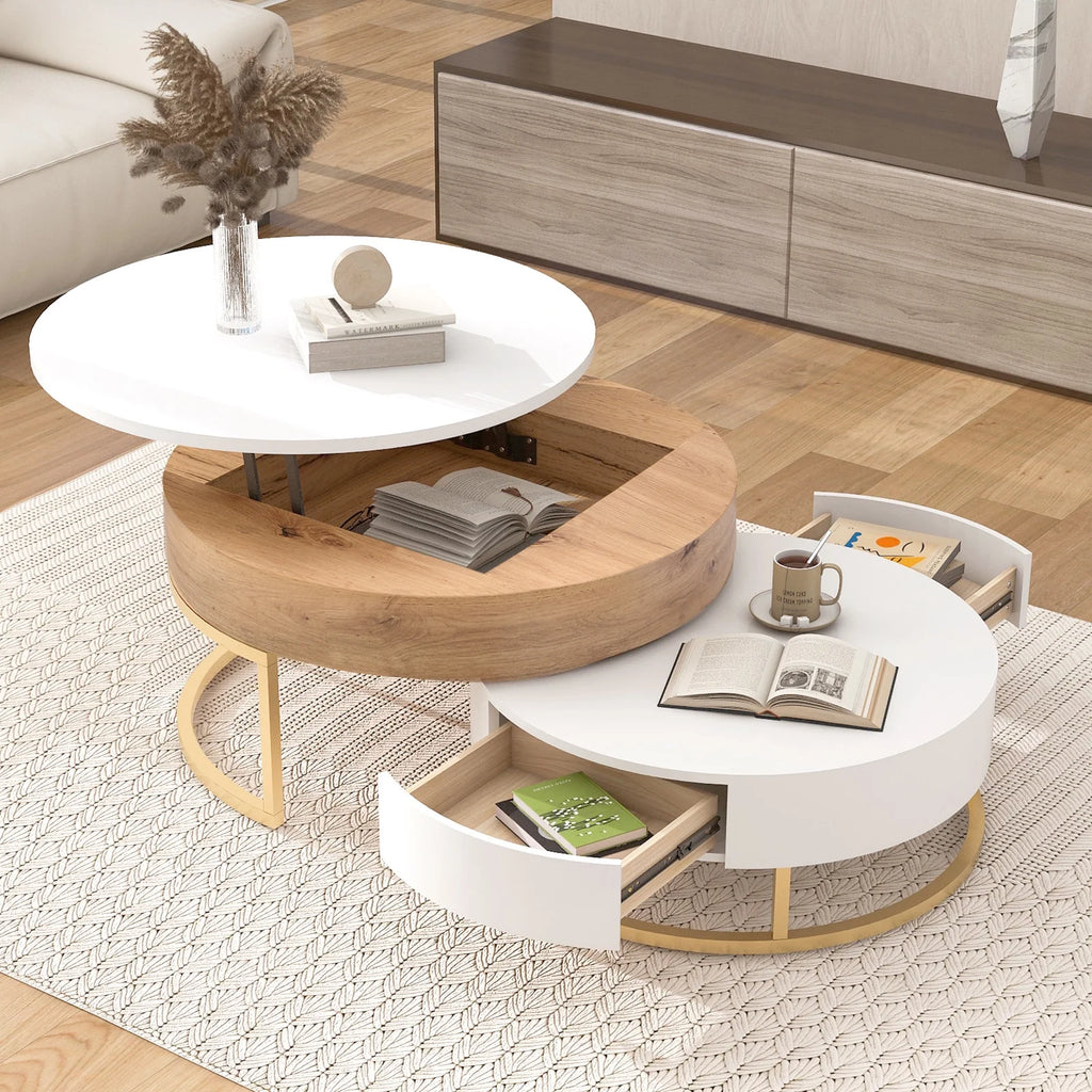 Round Lift-top Nesting Coffee Tables with 2 Drawers V802